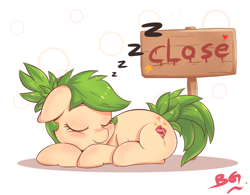 Size: 2048x1600 | Tagged: safe, artist:tikrs007, oc, oc only, oc:green cracker, earth pony, pony, cute, eyes closed, female, floppy ears, heart, mare, prone, sign, sleeping, smiling, smirk, solo, stars, zzz