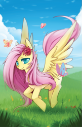 Size: 495x765 | Tagged: safe, artist:mousu, fluttershy, butterfly, pegasus, pony, cute, grass, looking at you, shyabetes, solo, spread wings