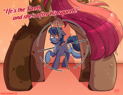 Size: 2400x1840 | Tagged: safe, artist:tikrs007, oc, oc only, oc:b.b., oc:ruef, pony, b.b.r, commission, crosshair, female, for your eyes only, framed by legs, male, mare, movie poster, movie reference, oc x oc, plot, shipping, stallion, straight