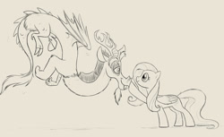 Size: 1200x735 | Tagged: safe, artist:celestiathegreatest, discord, fluttershy, pegasus, pony, boop, eye contact, floating, lineart, monochrome, smiling