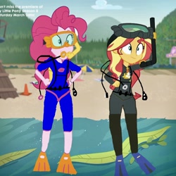 Size: 1852x1852 | Tagged: safe, artist:seantaylor21, edit, edited screencap, screencap, pinkie pie, sunset shimmer, better together, equestria girls, unsolved selfie mysteries, beach, clothes, cropped, diving, diving goggles, diving suit, flippers, goggles, lewd, ocean, scuba, scuba diving, scuba gear, seaweed, snorkel, swimsuit, water, wetsuit