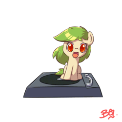Size: 1024x1024 | Tagged: safe, artist:tikrs007, artist:valcron, edit, oc, oc:green cracker, pony, animated, chibi, cute, cutie mark, female, filly, gif, open mouth, record player, simple background, sitting, solo, spinning, turntable, turntable pony, white background, you spin me right round