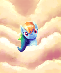 Size: 420x500 | Tagged: safe, artist:musicalcombusken, derpibooru import, rainbow dash, pegasus, pony, female, head in the clouds, looking at you, mare, solo