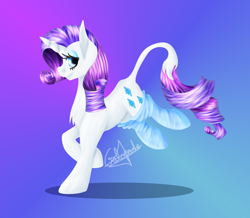 Size: 1312x1144 | Tagged: safe, artist:galopade, rarity, classical unicorn, pony, unicorn, clothes, leonine tail, smiling, socks, solo, striped socks