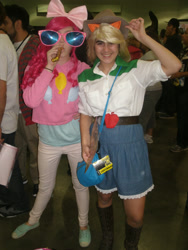 Size: 3000x4000 | Tagged: artist needed, safe, applejack, pinkie pie, human, equestria girls, comikaze expo, comikaze expo 2013, convention, cosplay, irl, irl human, party horn, photo, sunglasses
