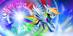 Size: 2600x1300 | Tagged: safe, artist:pinkrose2001, derpibooru import, rainbow dash, pegasus, pony, flying, grin, solo, sonic rainboom