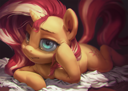 Size: 1200x850 | Tagged: safe, artist:assasinmonkey, sunset shimmer, pony, unicorn, beautiful, bored, chromatic aberration, female, hoof on cheek, mare, patreon, prone, solo