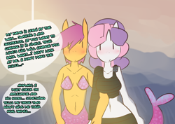 Size: 1280x907 | Tagged: safe, artist:somescrub, scootaloo, sweetie belle, anthro, sea pony, ask nudist sweetie belle, scootabelle