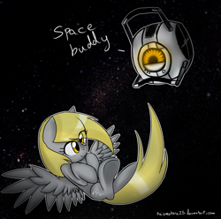 Size: 1024x1014 | Tagged: safe, artist:kaiomutaru25, derpy hooves, pegasus, pony, crossover, female, mare, personality core, portal (valve), portal 2, space, space core