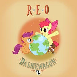 Size: 1024x1024 | Tagged: safe, artist:baumkuchenpony, artist:grapefruitface1, artist:moongazeponies, artist:tamalesyatole, apple bloom, scootaloo, winona, dog, pony, album cover, cutie mark crusaders, earth, globe, ponified, ponified album cover, reo speedwagon