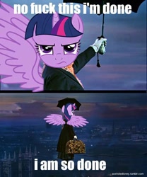 Size: 500x600 | Tagged: safe, derpibooru import, twilight sparkle, twilight sparkle (alicorn), alicorn, pony, female, fuck, fuck this shit i'm out, horn, image macro, mare, mary poppins, meme, reaction, reaction image, umbrella, vulgar, wings