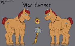 Size: 1280x778 | Tagged: safe, artist:widjetarcs, oc, oc:war hammer, earth pony, pony, amulet, growth, magic, muscle expansion, muscle growth, muscles, royal guard