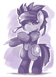 Size: 500x687 | Tagged: safe, artist:ende26, derpibooru import, twilight sparkle, pony, bipedal, eyepatch, filly, future twilight, solid sparkle, solo