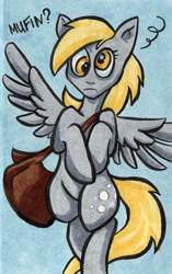 Size: 600x954 | Tagged: safe, artist:rainsingingdragon, derpy hooves, pegasus, pony, female, flying, mailbag, mare, misspelling, solo, traditional art