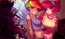 Size: 1280x767 | Tagged: safe, artist:yunni-yunni, derpibooru import, pinkie pie, rainbow dash, human, belly button, cake, humanized, midriff, sweat, winged humanization