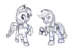 Size: 1472x1088 | Tagged: safe, artist:snapai, applejack, rarity, earth pony, pony, unicorn, monochrome, nurse