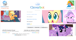 Size: 1368x716 | Tagged: safe, applejack, diamond tiara, fluttershy, earth pony, pony, three's a crowd, cleverbot, meme, text, twiface, who's a silly pony, worst pony