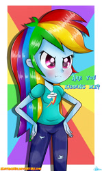 Size: 1000x1682 | Tagged: safe, artist:vixelzf, derpibooru import, rainbow dash, equestria girls, angry, clothes, dialogue, pants, solo, text