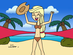 Size: 1024x768 | Tagged: safe, artist:djgames, applejack, equestria girls, beach, belly button, bikini, cleavage, clothes, female, humanized, light skin, loop-de-hoop, solo, swimsuit