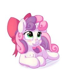 Size: 1000x1100 | Tagged: safe, artist:bobdude0, artist:zapplebow, sweetie belle, pony, unicorn, collaboration, blushing, bow, cute, diasweetes, female, filly, hair bow, hnnng, prone, simple background, smiling, solo, white background