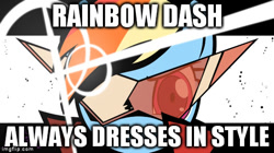 Size: 490x275 | Tagged: safe, derpibooru import, rainbow dash, pegasus, pony, kamina sunglasses, meme, rainbow dash always dresses in style, row row fight tha powah, tengen toppa gurren lagann