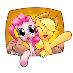 Size: 1120x1120 | Tagged: safe, artist:hoyeechun, applejack, pinkie pie, earth pony, pony, blonde mane, duo, female, mare, orange coat, pink coat, pink mane