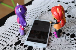 Size: 6000x4000 | Tagged: safe, artist:artofmagicpoland, sunset shimmer, twilight sparkle, twilight sparkle (alicorn), alicorn, equestria girls, cellphone, doll, equestria girls minis, eqventures of the minis, female, instagram, lesbian, phone, shipping, smartphone, sunsetsparkle, talking, thinking, toy