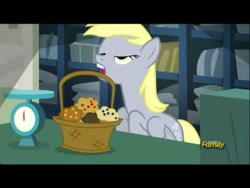 Size: 480x360 | Tagged: safe, screencap, derpy hooves, pegasus, pony, slice of life (episode), basket, faic, female, food, mare, muffin, solo