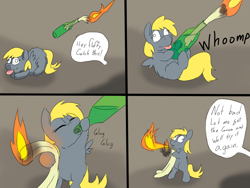 Size: 2048x1536 | Tagged: safe, artist:fluffsplosion, derpy hooves, fluffy pony, averted grimdark, bait and switch, bipedal, comic, fire breath, fluffyderpy, molotov cocktail, subverted meme