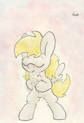 Size: 683x998 | Tagged: safe, artist:slightlyshade, derpy hooves, pegasus, pony, the fault in our cutie marks, belly button, eyes closed, female, letter, mare, solo, traditional art