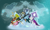 Size: 1866x1119 | Tagged: safe, artist:dsana, derpibooru import, chancellor puddinghead, commander hurricane, pinkie pie, princess platinum, rainbow dash, rarity, earth pony, pegasus, pony, unicorn, windigo, hearth's warming eve (episode), banner, cold hearts, ice, pegasopolis, pinkamena diane pie, spear, trio, unicornia, winter