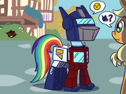 Size: 1800x1350 | Tagged: safe, artist:flutterluv, derpibooru import, applejack, rainbow dash, earth pony, pegasus, pony, atg 2018, clothes, costume, newbie artist training grounds, optimus prime, ponyville, speech bubble, transformers