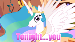 Size: 640x360 | Tagged: safe, edit, edited screencap, screencap, princess celestia, alicorn, pony, female, image macro, mare, meme, purple text, solo, tonight you