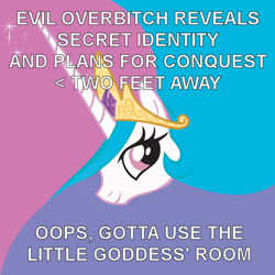 Size: 600x600 | Tagged: safe, princess celestia, alicorn, pony, a canterlot wedding, advice meme, celestia hate, crown, drama bait, exploitable meme, female, horn, implied watersports, jewelry, looking at you, mare, meme, op is a cuck, op is trying to start shit, regalia, smiling, solo, text, trollestia, vulgar, white coat