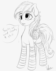 Size: 1100x1400 | Tagged: safe, artist:salterino, derpy hooves, pegasus, pony, clothes, female, mare, monochrome, newbie artist training grounds, socks, solo, striped socks