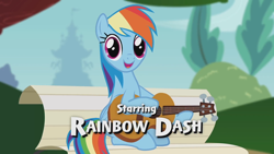 Size: 1920x1080 | Tagged: safe, derpibooru import, screencap, rainbow dash, pegasus, pony, cute, dashabetes, female, foal house, guitar, looking at you, mare, open mouth, parody, sitting, youtube link