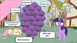 Size: 1280x720 | Tagged: safe, derpy hooves, fluttershy, pinkie pie, twilight sparkle, twilight sparkle (alicorn), alicorn, pegasus, pony, cowering, disturbed, holding, member berries, offscreen character, pov, south park, speech bubble, wat