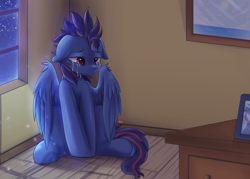 Size: 1050x750 | Tagged: safe, artist:tikrs007, oc, oc only, oc:lost, pegasus, pony, crying, male, moonlight, room, sad, sitting, solo, stallion