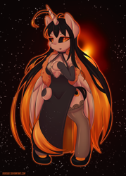 Size: 1500x2100 | Tagged: safe, artist:tikrs007, alicorn, anthro, unguligrade anthro, absolute cleavage, ahoge, arm hooves, black hole, black hole pony, black sclera, boob window, breasts, cleavage, clothes, cute, cute little fangs, dress, evening gloves, fangs, female, gloves, long gloves, messier 87, monster mare, ponified, shoes, side slit, slit eyes, smiling, solo, stockings, thigh highs