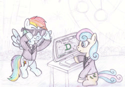 Size: 920x640 | Tagged: safe, artist:m.w., derpibooru import, bon bon, rainbow dash, sweetie drops, pegasus, pony, clothes, computer, men in black, parody, suit, sunglasses