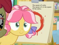 Size: 729x567 | Tagged: safe, derpibooru import, edit, edited screencap, screencap, apple bloom, kettle corn, rainbow dash, rarity, tender taps, earth pony, pegasus, pony, unicorn, marks and recreation, bow, canvas, circle, circle painting, clubhouse, colt, cropped, crusaders clubhouse, easel, equation, female, filly, foal, geometry, haiku, hair bow, male, pictures, smiling, solo focus, text