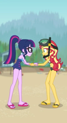 Size: 470x858 | Tagged: safe, screencap, sci-twi, sunset shimmer, twilight sparkle, better together, equestria girls, unsolved selfie mysteries, bikini, clothes, cropped, feet, flip-flops, midriff, sandals, swimsuit