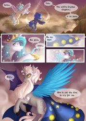 Size: 1000x1396 | Tagged: safe, artist:falleninthedark, discord, princess celestia, princess luna, star swirl the bearded, alicorn, pony, comic:twists and turns, beard, cape, clothes, comic, corrupted, discord is star swirl, facial hair, female, flying, male, mare, mismatched wings, royal sisters, stallion