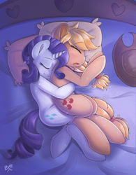 Size: 1500x1920 | Tagged: safe, artist:tikrs007, applejack, rarity, earth pony, pony, unicorn, bed, cuddling, cute, female, lesbian, mare, rarijack, shipping, sleeping, spooning