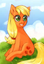 Size: 1000x1460 | Tagged: safe, artist:katiramoon, applejack, earth pony, pony, female, mare, sitting, solo