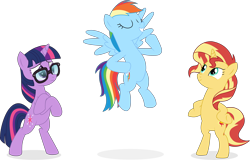 Size: 15659x9995 | Tagged: safe, artist:cirillaq, derpibooru import, rainbow dash, sci-twi, sunset shimmer, twilight sparkle, pegasus, pony, unicorn, better together, equestria girls, spring breakdown, absurd resolution, bipedal, equestria girls ponified, eyes closed, female, glasses, mare, ponified, simple background, smiling, transparent background, unicorn sci-twi, vector, wings