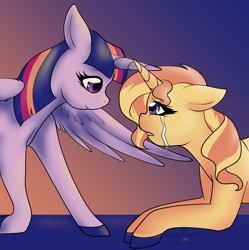 Size: 5000x5013 | Tagged: safe, artist:xwingedvixenx, sunset shimmer, twilight sparkle, twilight sparkle (alicorn), alicorn, absurd resolution, crying, female, lesbian, looking at each other, shipping, smiling, sunsetsparkle