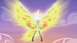 Size: 1024x576 | Tagged: safe, edit, edited screencap, screencap, sunset shimmer, equestria girls, my past is not today, 1000 years in photoshop, dragon ball super, fiery shimmer, sunset phoenix, super saiyan, white hair, wings