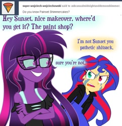 Size: 879x908 | Tagged: safe, artist:wubcakeva, midnight sparkle, sci-twi, sunset shimmer, twilight sparkle, equestria girls, angry, causal midnight sparkle, crossed arms, heterochromia, painset shimmercakes, tumblr, vulgar