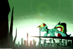 Size: 3000x2000 | Tagged: safe, artist:queenbloodysky, derpibooru import, rainbow dash, pegasus, pony, city, high res, lens flare, skyline, solo
